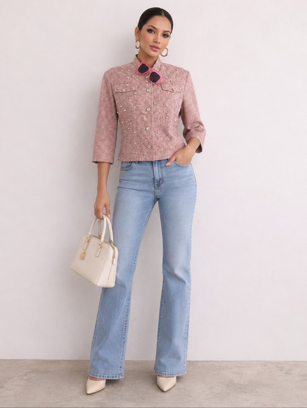 LL New York Pink Embellished Jacket | Faux Pearl Rhinestone Cropped Blazer Chic